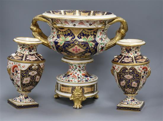 A pair of Bloor Derby vases and a similar pedestal bowl 31cm high